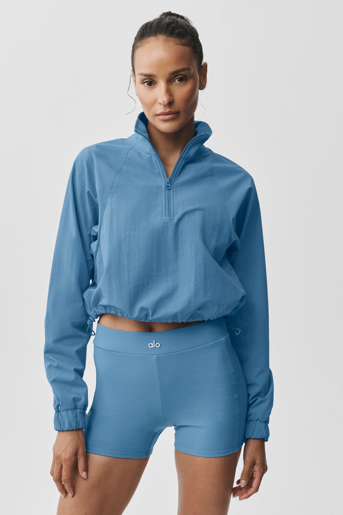 Alo Yoga Cropped 1/4 Zip Alumni Pullover in California Blue, product image 3 of 4