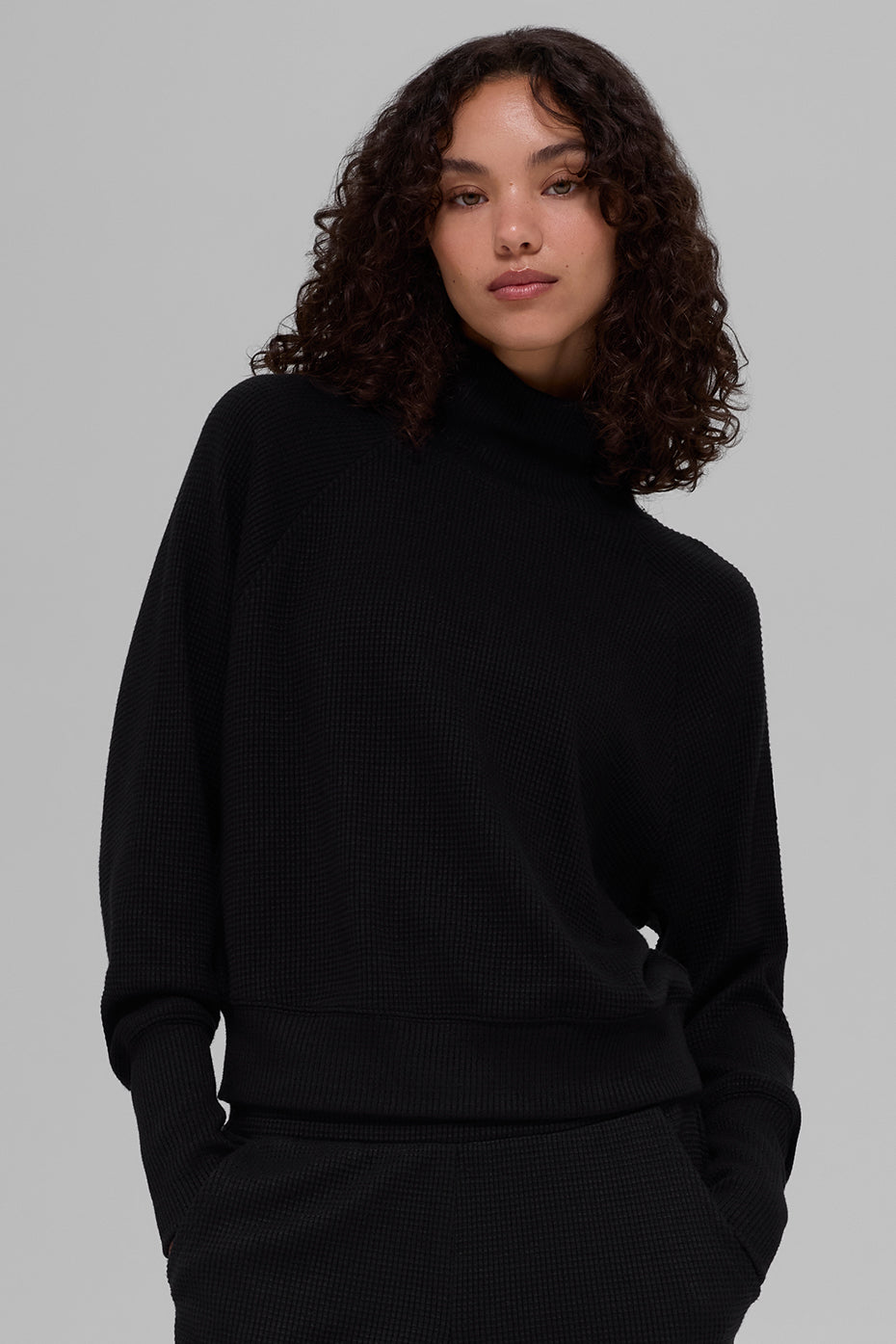 Waffle Weekend Escape Mock Neck Long Sleeve - Black (W3678R)