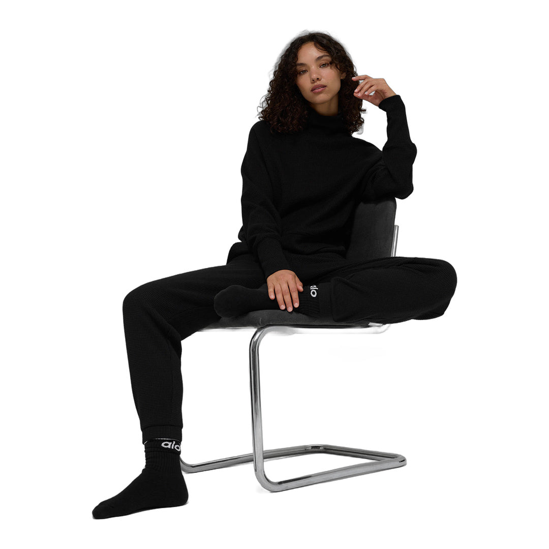 alo Waffle Weekend Escape Mock Neck Long Sleeve - Black by Alo Yoga