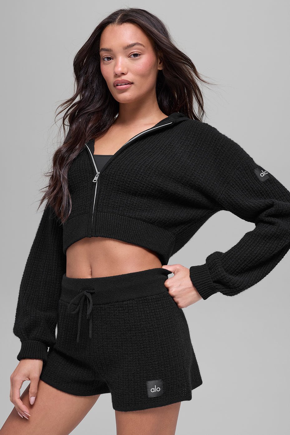 Cashmere Plush Waffle Full Zip Hoodie - Black (W3741R)