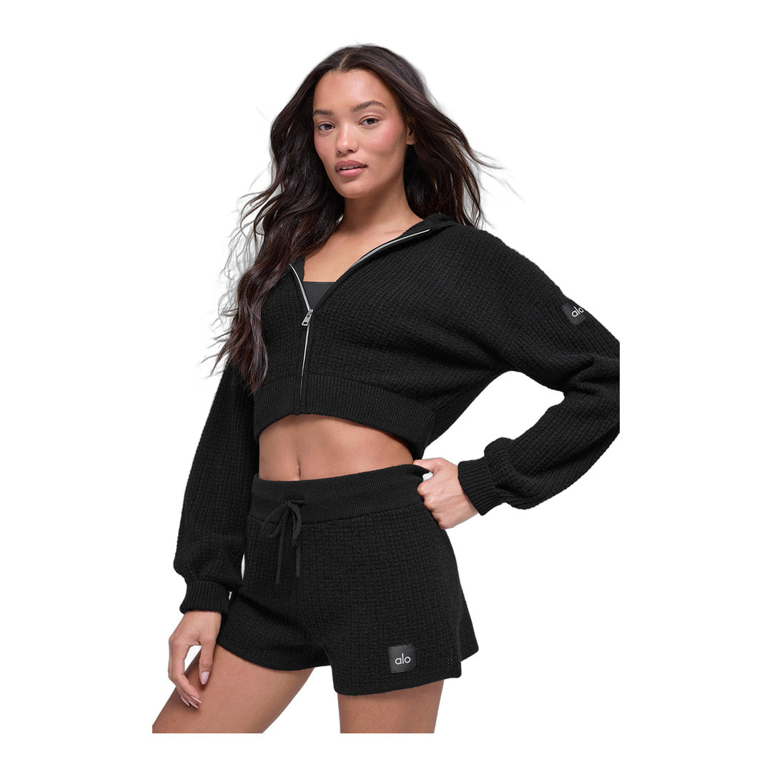 alo Cashmere Plush Waffle Full Zip Hoodie - Black by Alo Yoga
