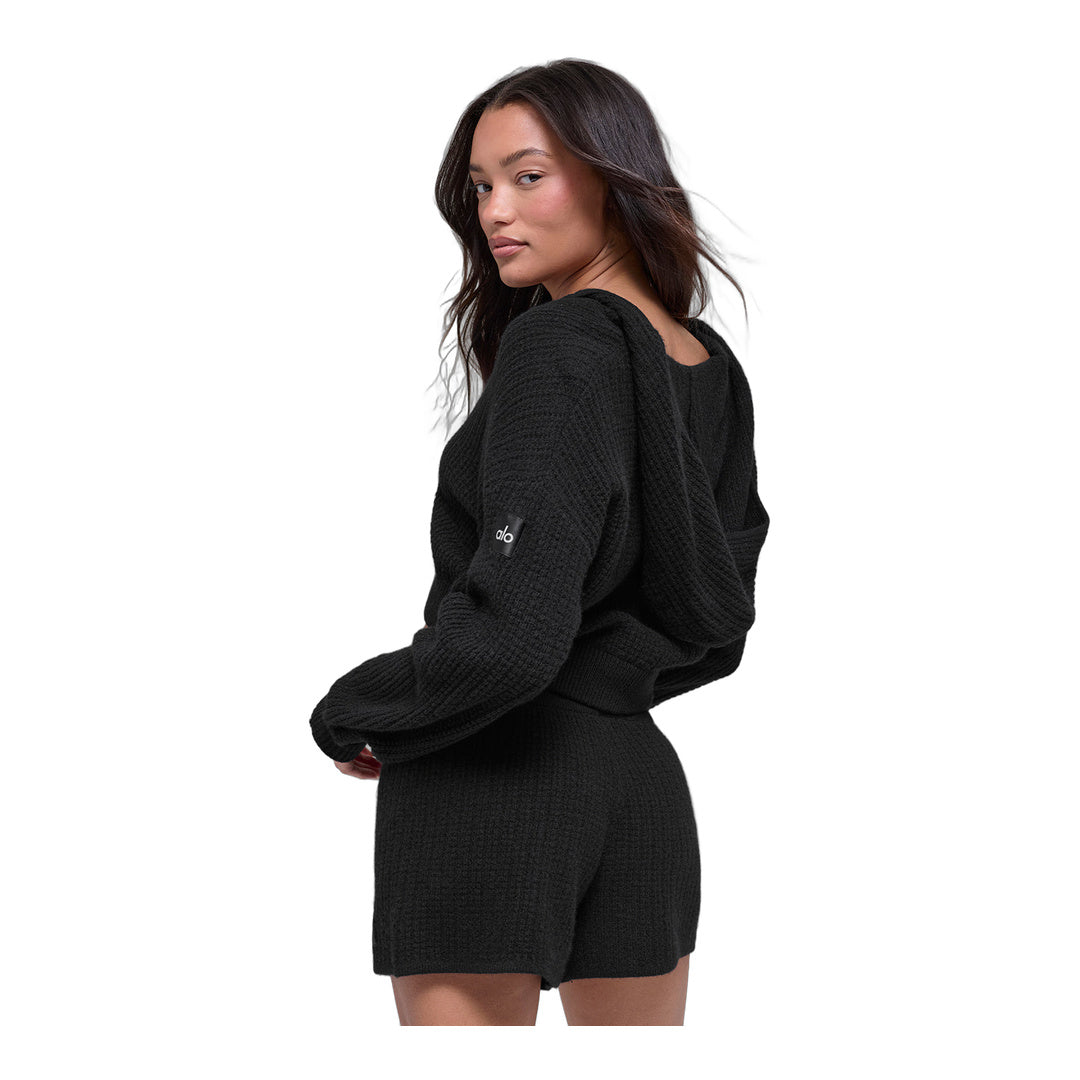 alo Cashmere Plush Waffle Full Zip Hoodie - Black by Alo Yoga