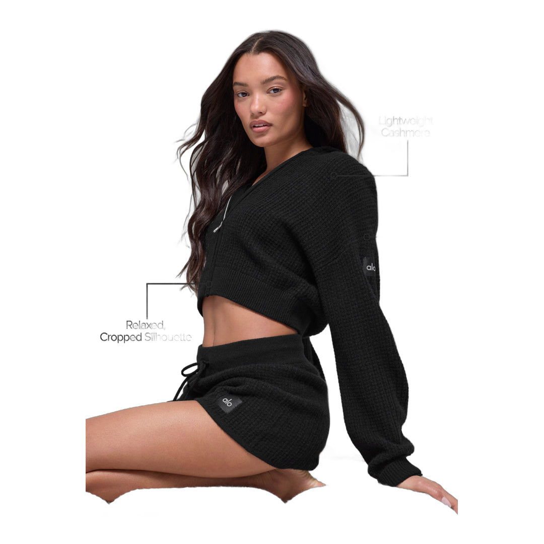 alo Cashmere Plush Waffle Full Zip Hoodie - Black by Alo Yoga
