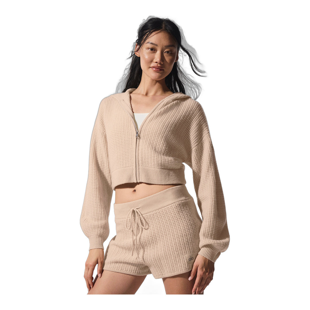 alo Cashmere Plush Waffle Full Zip Hoodie - Macadamia Blush by Alo Yoga