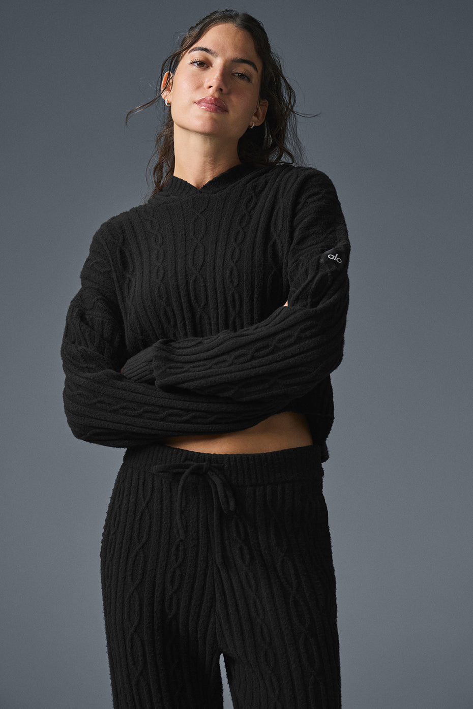 Cable Knit Winter Bliss Hoodie - Black (W3783R)