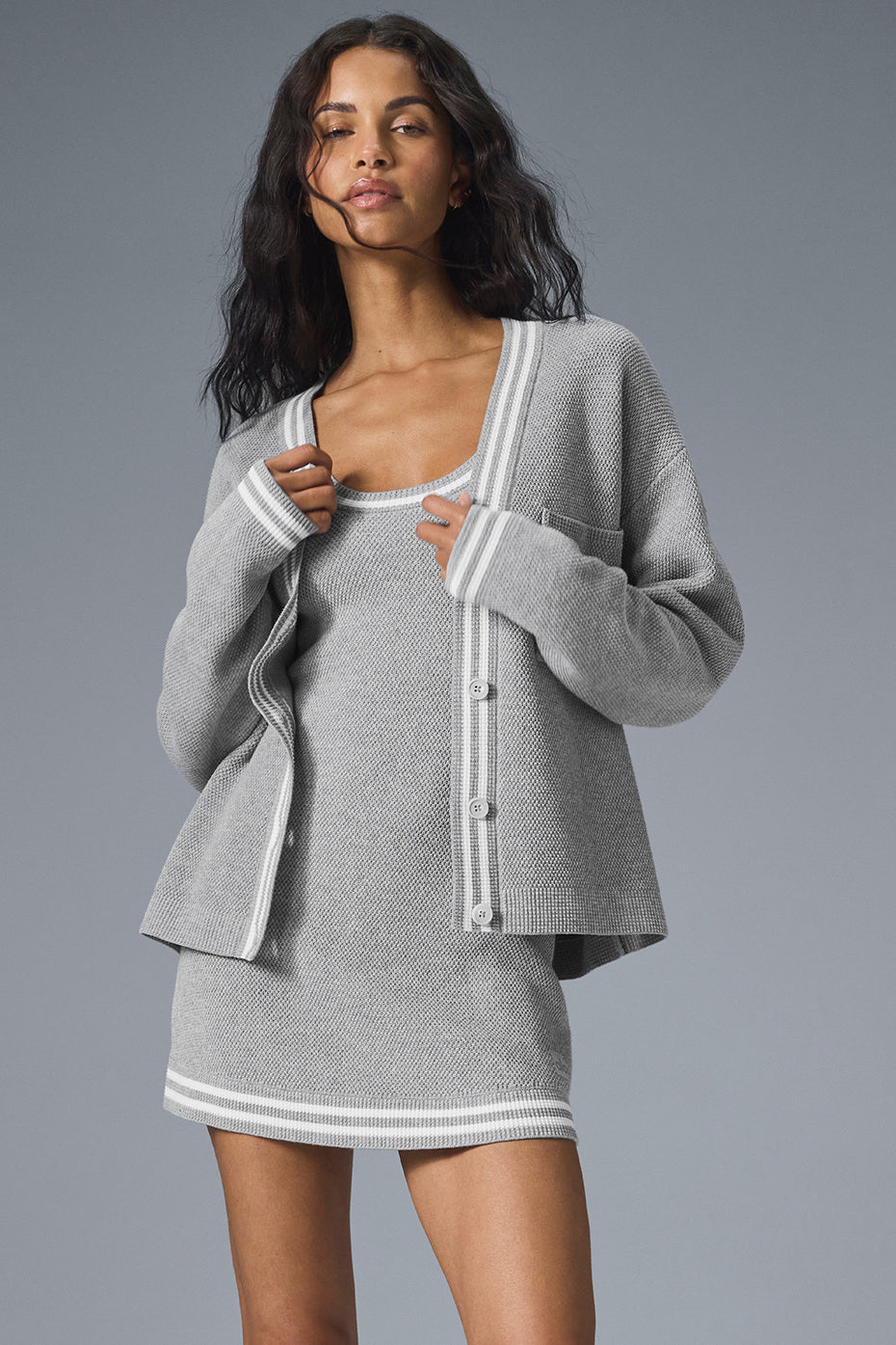 Tennis Club Sweater Knit Cardigan - Athletic Heather Grey/White (W3847R)