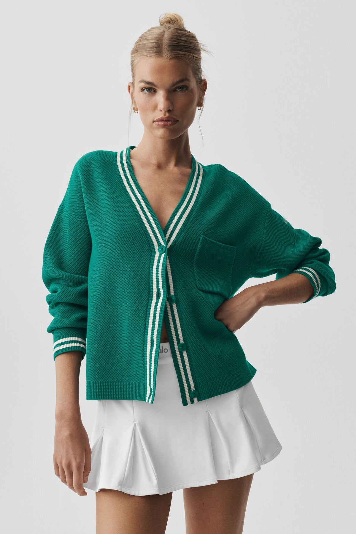 Alo Yoga Tennis Club Sweater Knit Cardigan in Emerald Isle/Ivory