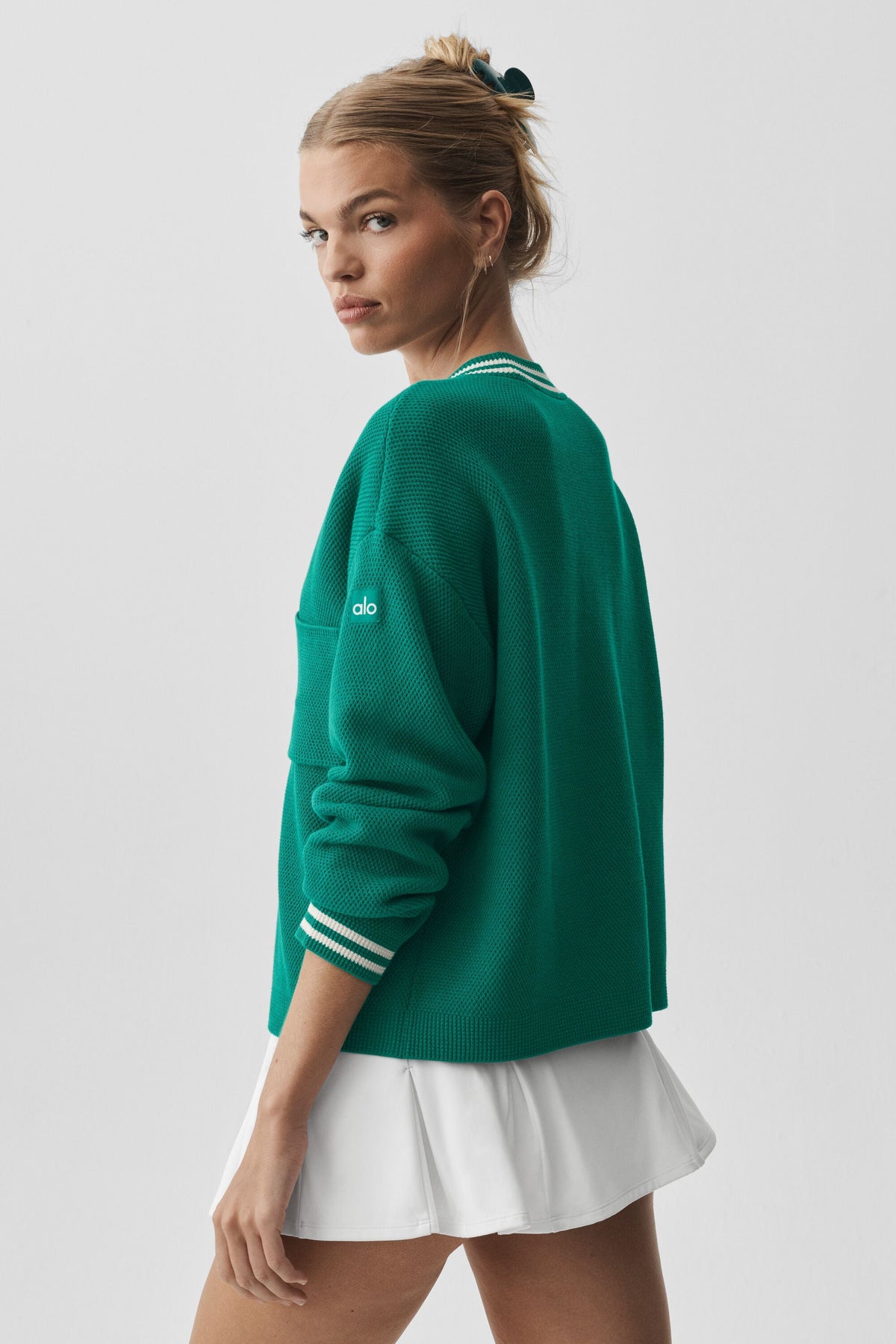 Alo Yoga Tennis Club Sweater Knit Cardigan in Emerald Isle/Ivory, product image 2 of 5