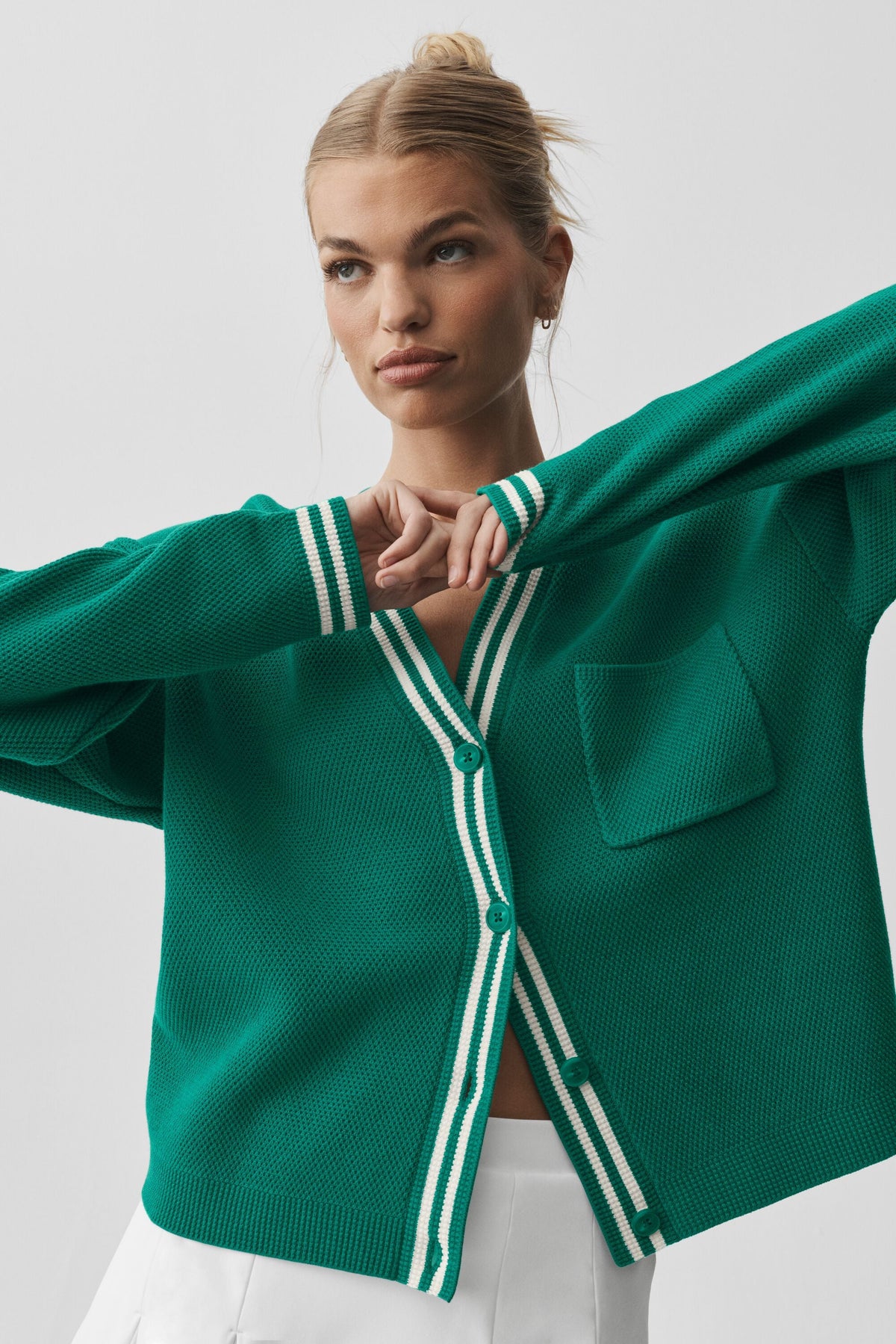Alo Yoga Tennis Club Sweater Knit Cardigan in Emerald Isle/Ivory, product image 3 of 5