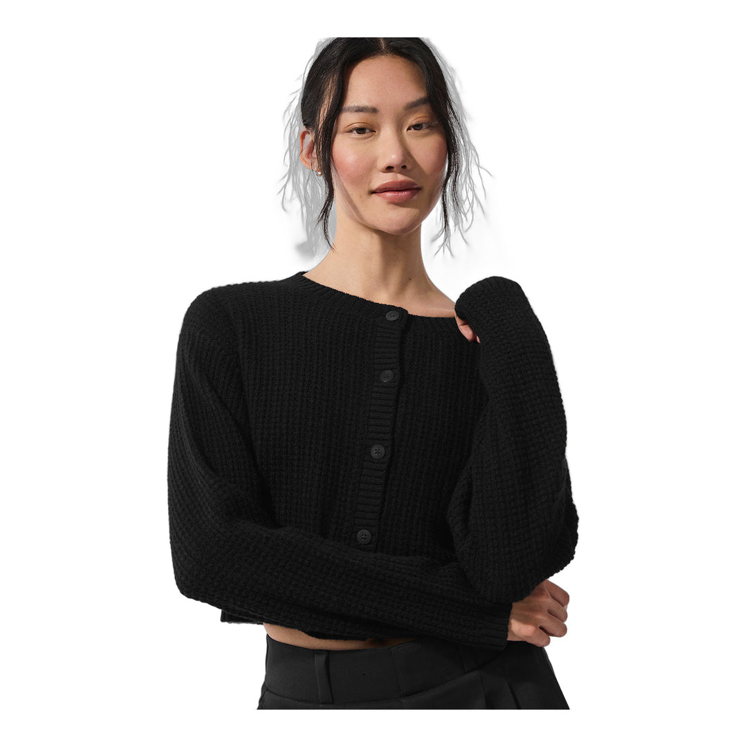 alo Cashmere Plush Waffle Cardigan - Black by Alo Yoga