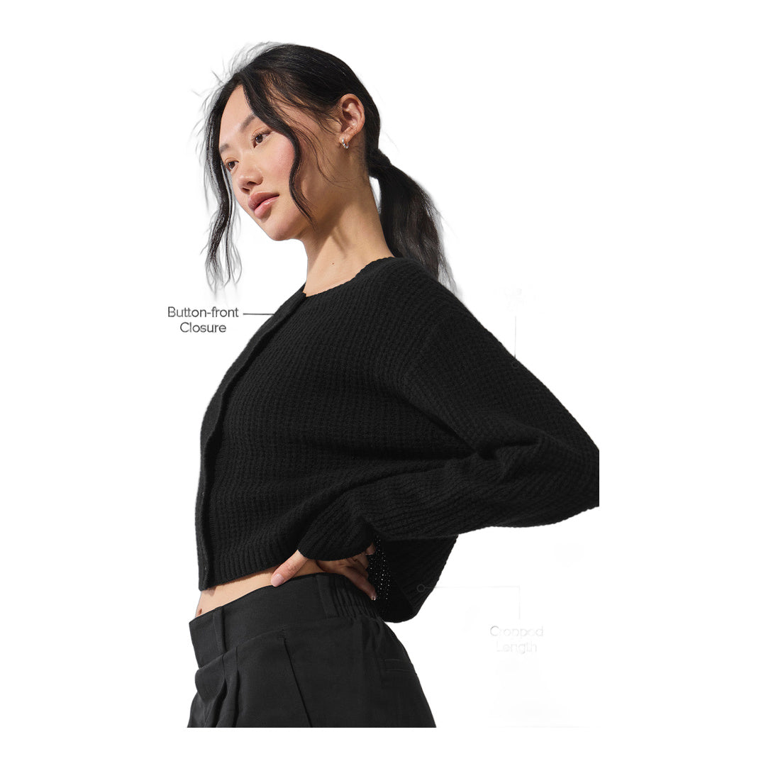 alo Cashmere Plush Waffle Cardigan - Black by Alo Yoga