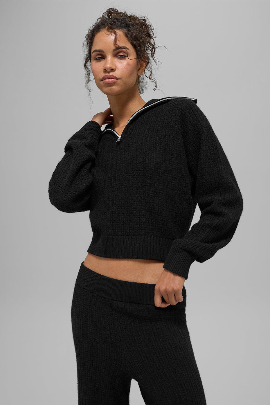 Cashmere Plush Waffle 1/4 Zip Pullover - Black (W3887R)