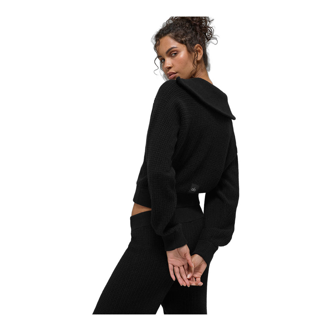 alo Cashmere Plush Waffle 1/4 Zip Pullover - Black by Alo Yoga