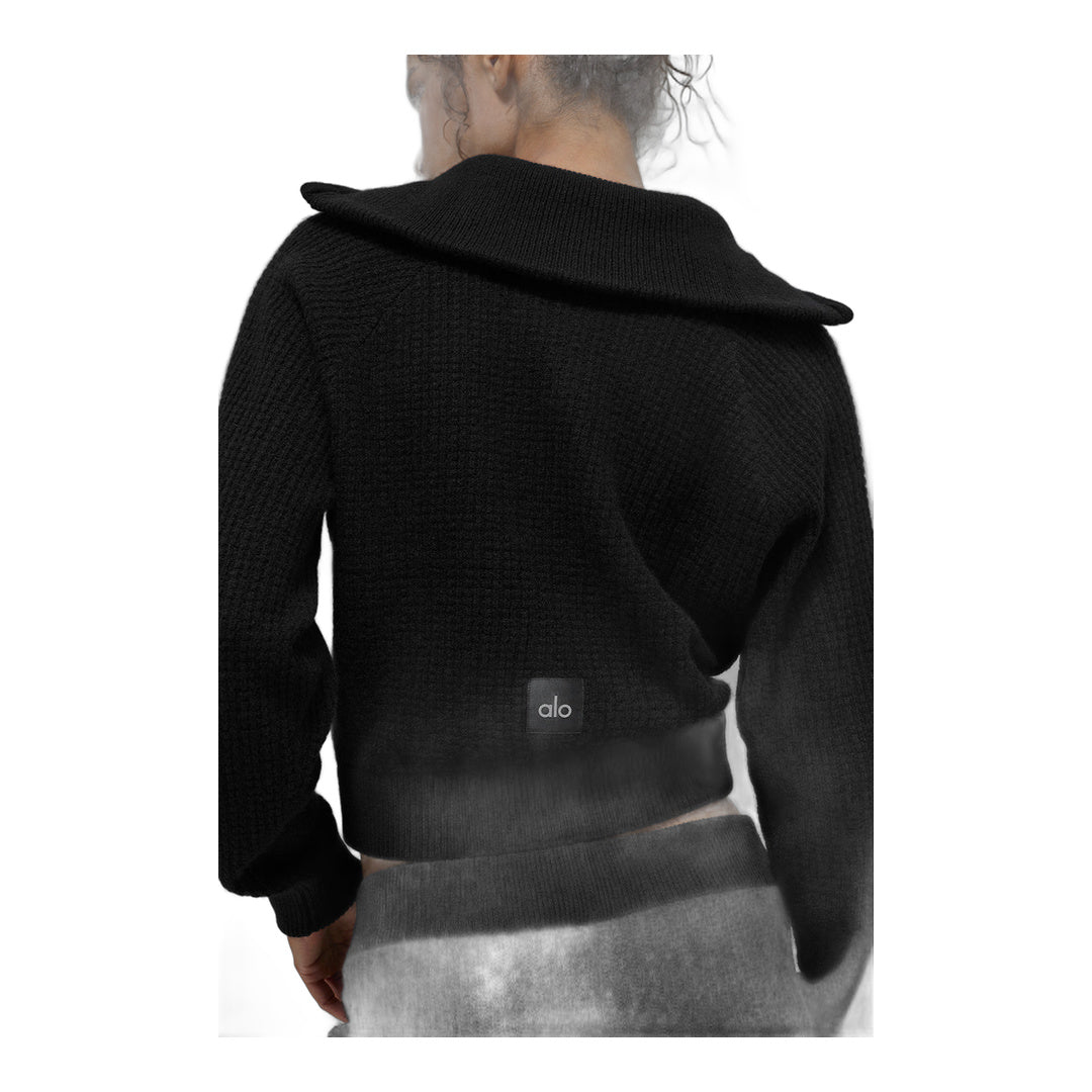 alo Cashmere Plush Waffle 1/4 Zip Pullover - Black by Alo Yoga
