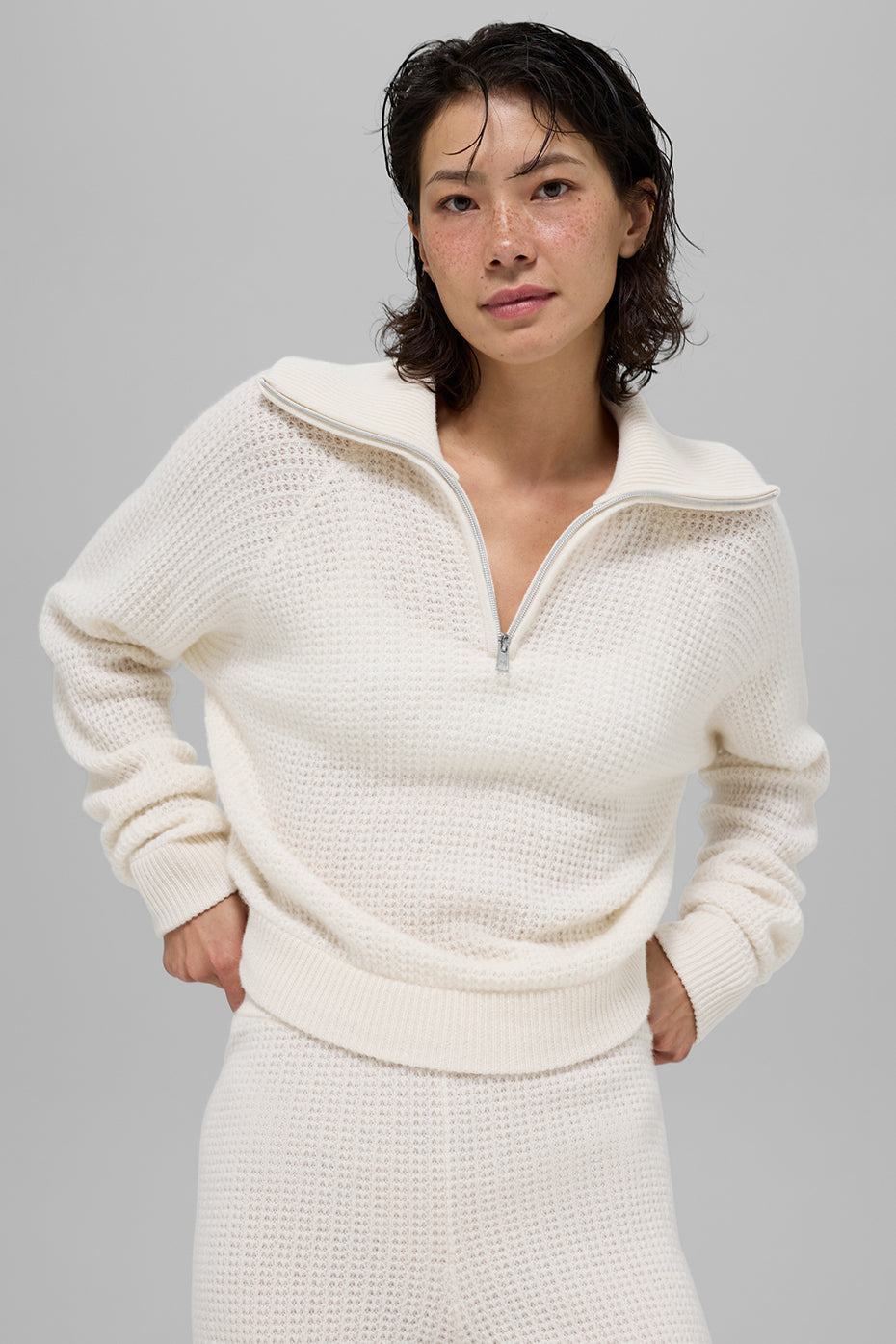 Cashmere Plush Waffle 1/4 Zip Pullover - Ivory (W3887R)