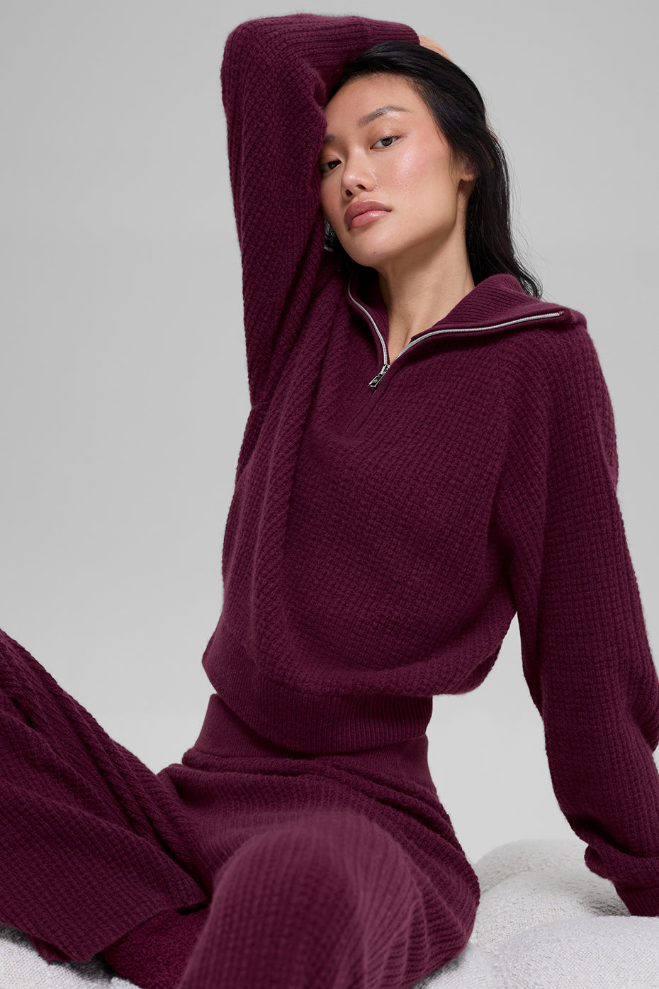 Cashmere Plush Waffle 1/4 Zip Pullover - Burgundy (W3887R)