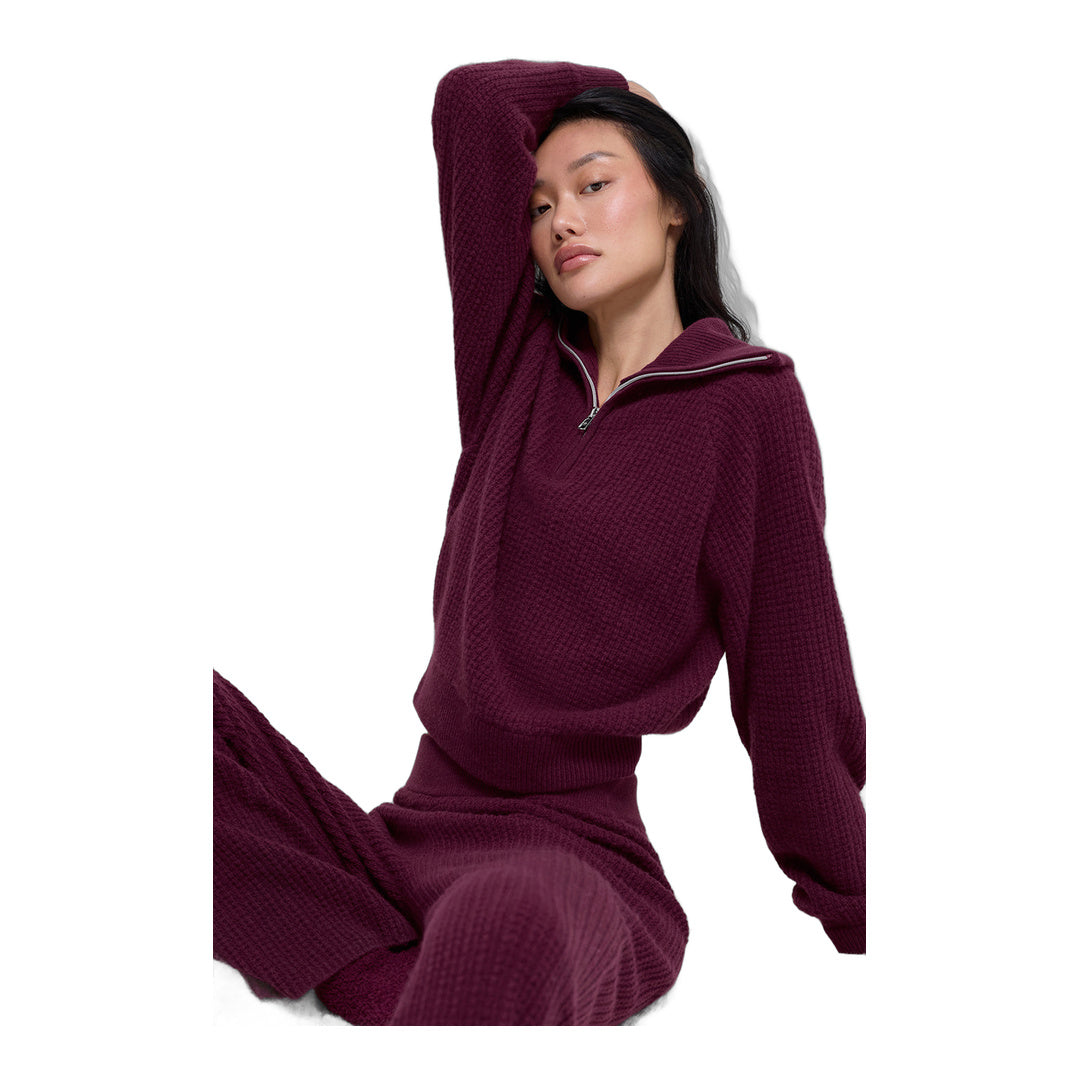 alo Cashmere Plush Waffle 1/4 Zip Pullover - Burgundy by Alo Yoga