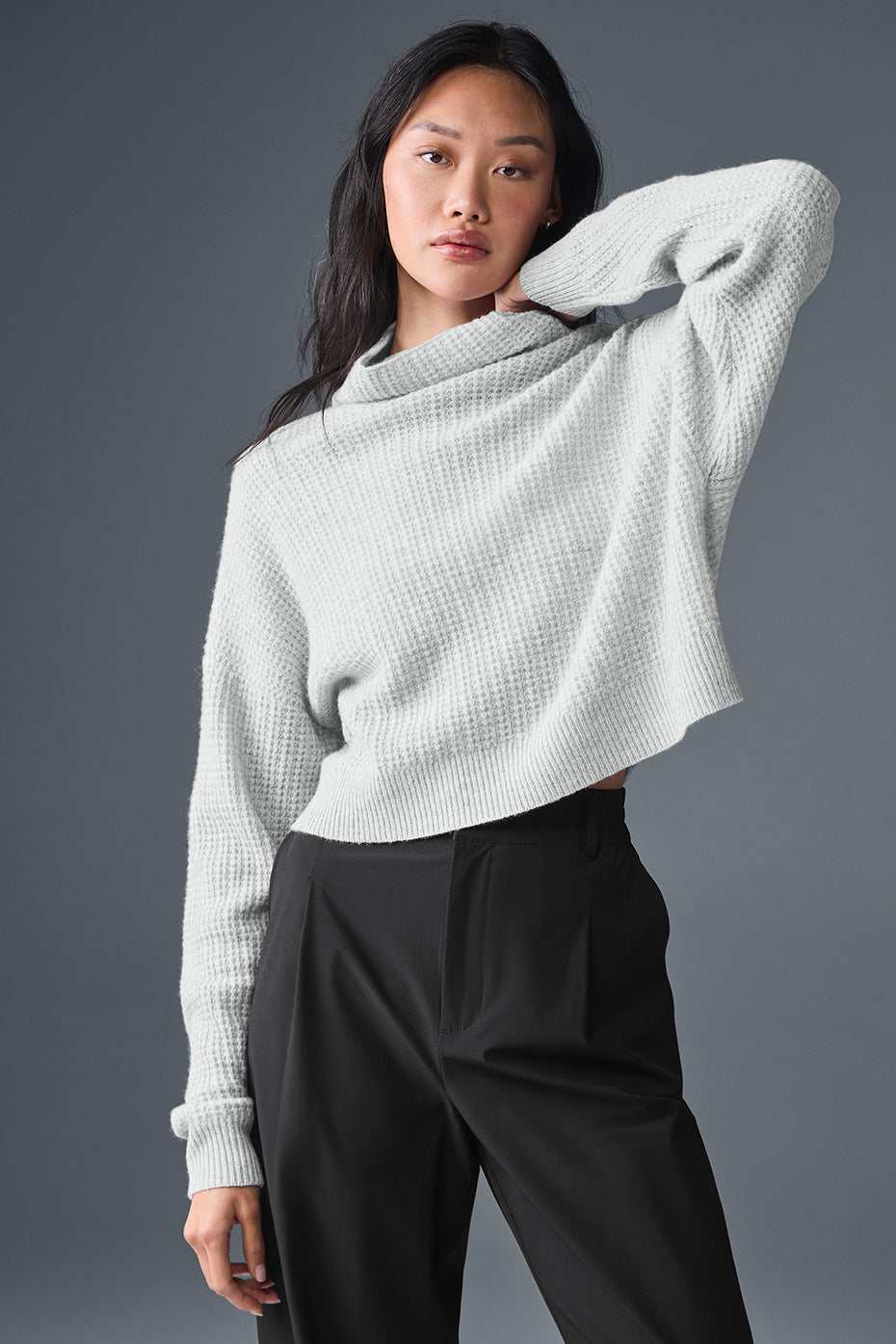 Cashmere Plush Waffle Turtleneck Pullover - Athletic Heather Grey (W3888R)