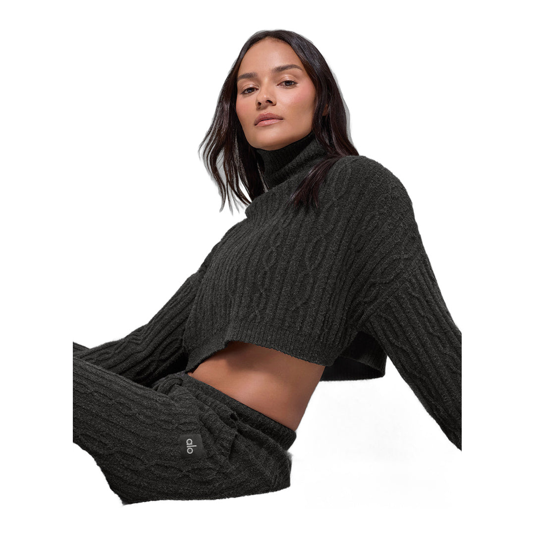 alo Cable Knit Cropped Winter Bliss Turtleneck Long Sleeve - Dark Heather Grey by Alo Yoga