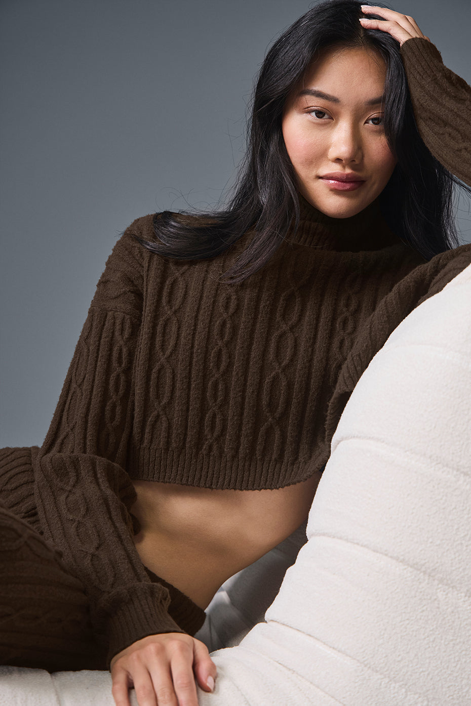 Cable Knit Cropped Winter Bliss Turtleneck Long Sleeve - Espresso (W3910R)