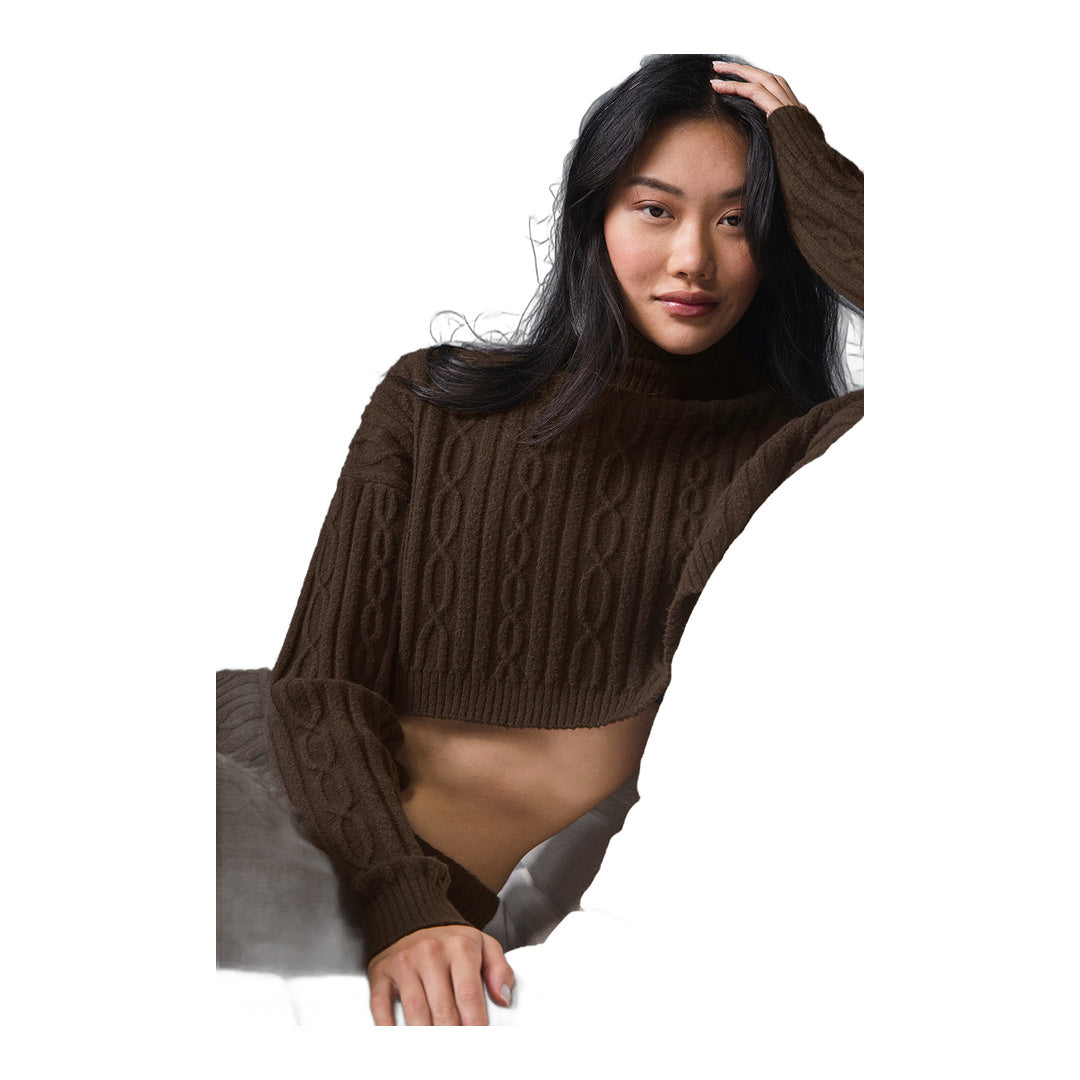 alo Cable Knit Cropped Winter Bliss Turtleneck Long Sleeve - Espresso by Alo Yoga