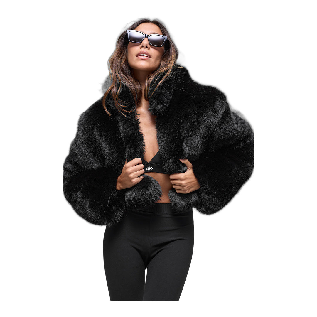 alo Opulent Faux Fur Cropped Jacket - Black by Alo Yoga