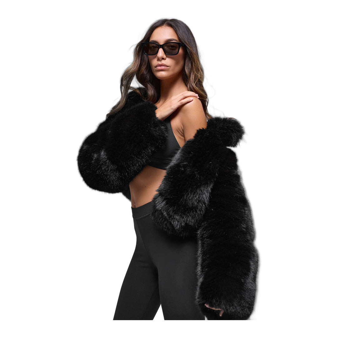 alo Opulent Faux Fur Cropped Jacket - Black by Alo Yoga
