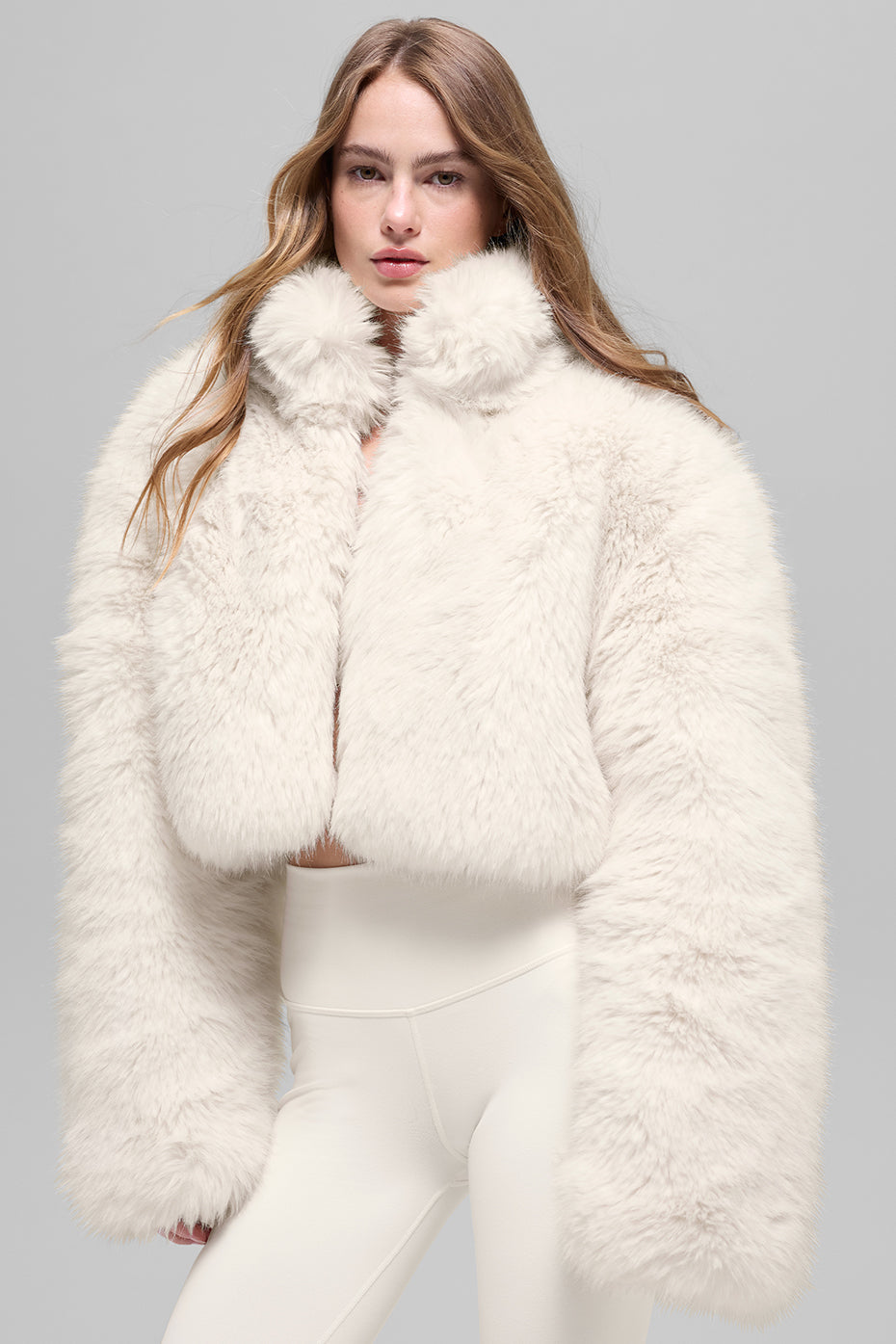Opulent Faux Fur Cropped Jacket - Ivory (W4564R)