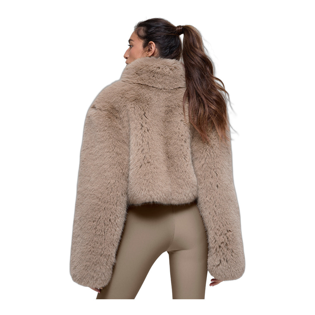 alo Opulent Faux Fur Cropped Jacket - Oat by Alo Yoga