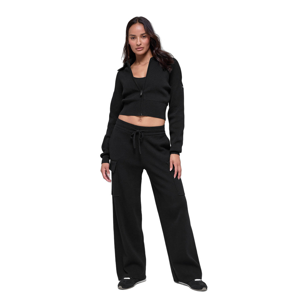 alo Scholar Knit Cropped Full Zip Jacket - Black by Alo Yoga