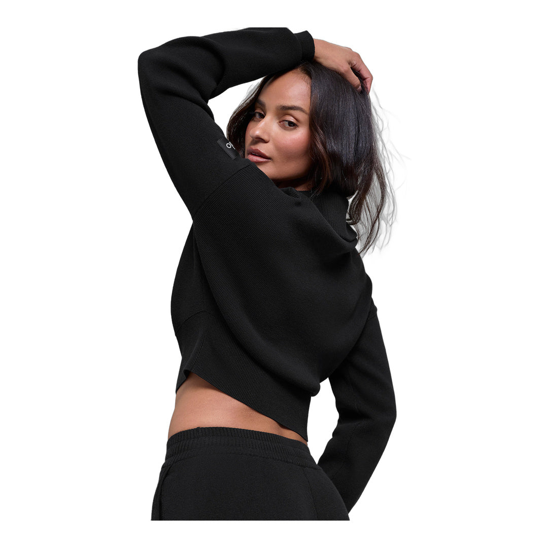 alo Scholar Knit Cropped Full Zip Jacket - Black by Alo Yoga