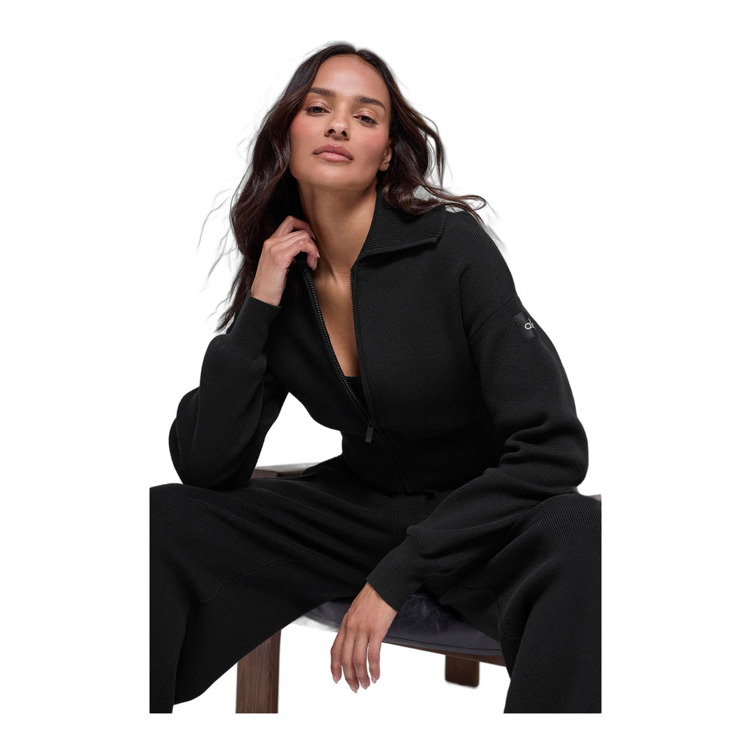 alo Scholar Knit Cropped Full Zip Jacket - Black by Alo Yoga
