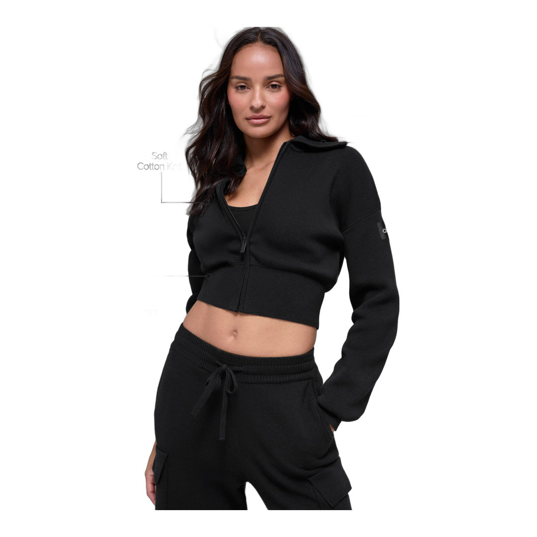 alo Scholar Knit Cropped Full Zip Jacket - Black by Alo Yoga