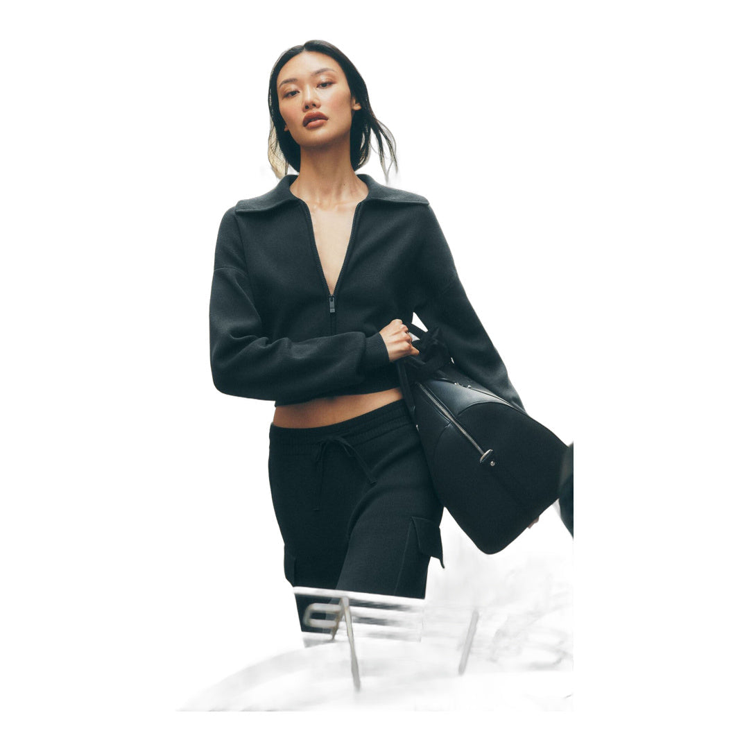 alo Scholar Knit Cropped Full Zip Jacket - Black by Alo Yoga