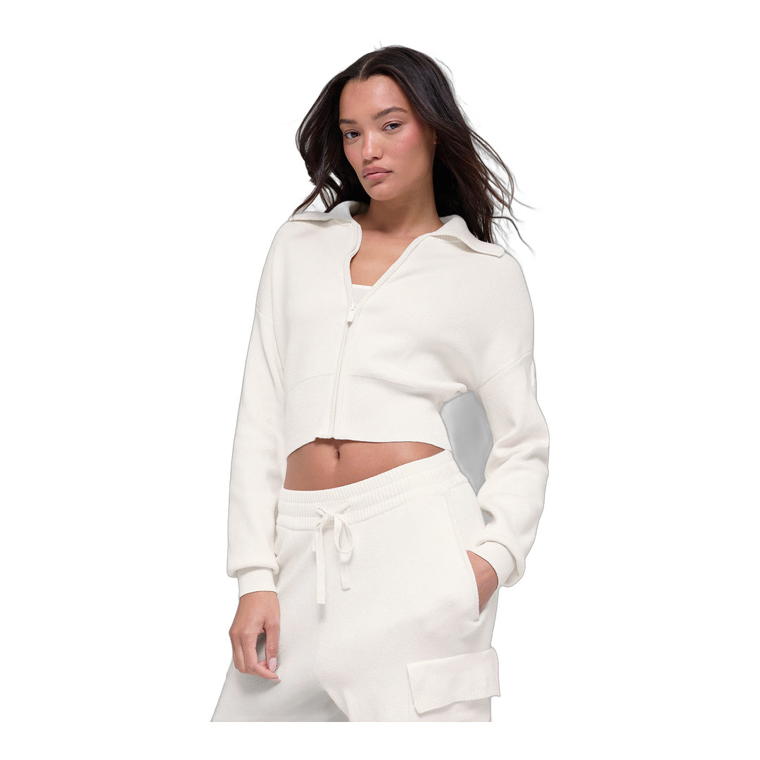 alo Scholar Knit Cropped Full Zip Jacket - Ivory by Alo Yoga