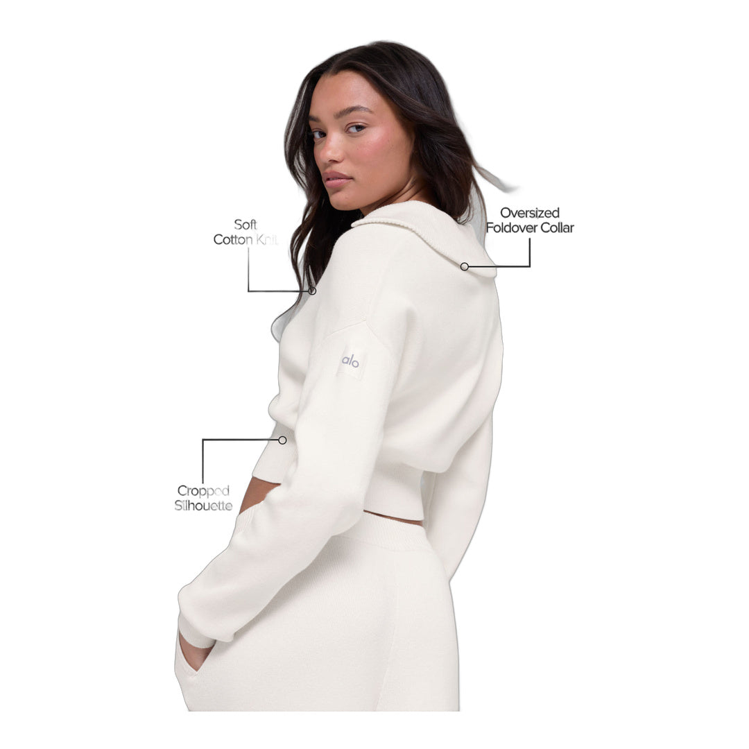 alo Scholar Knit Cropped Full Zip Jacket - Ivory by Alo Yoga