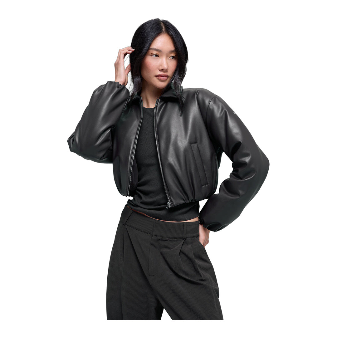 alo Faux Leather Cropped Premier Bomber - Black by Alo Yoga