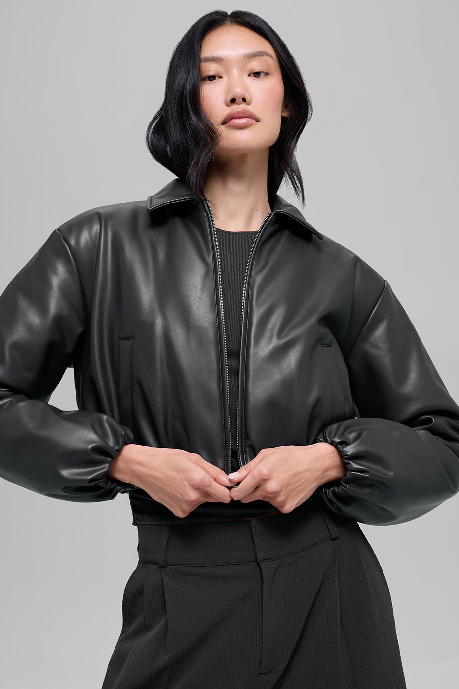 Faux Leather Cropped Premier Bomber - Black (W4618R)