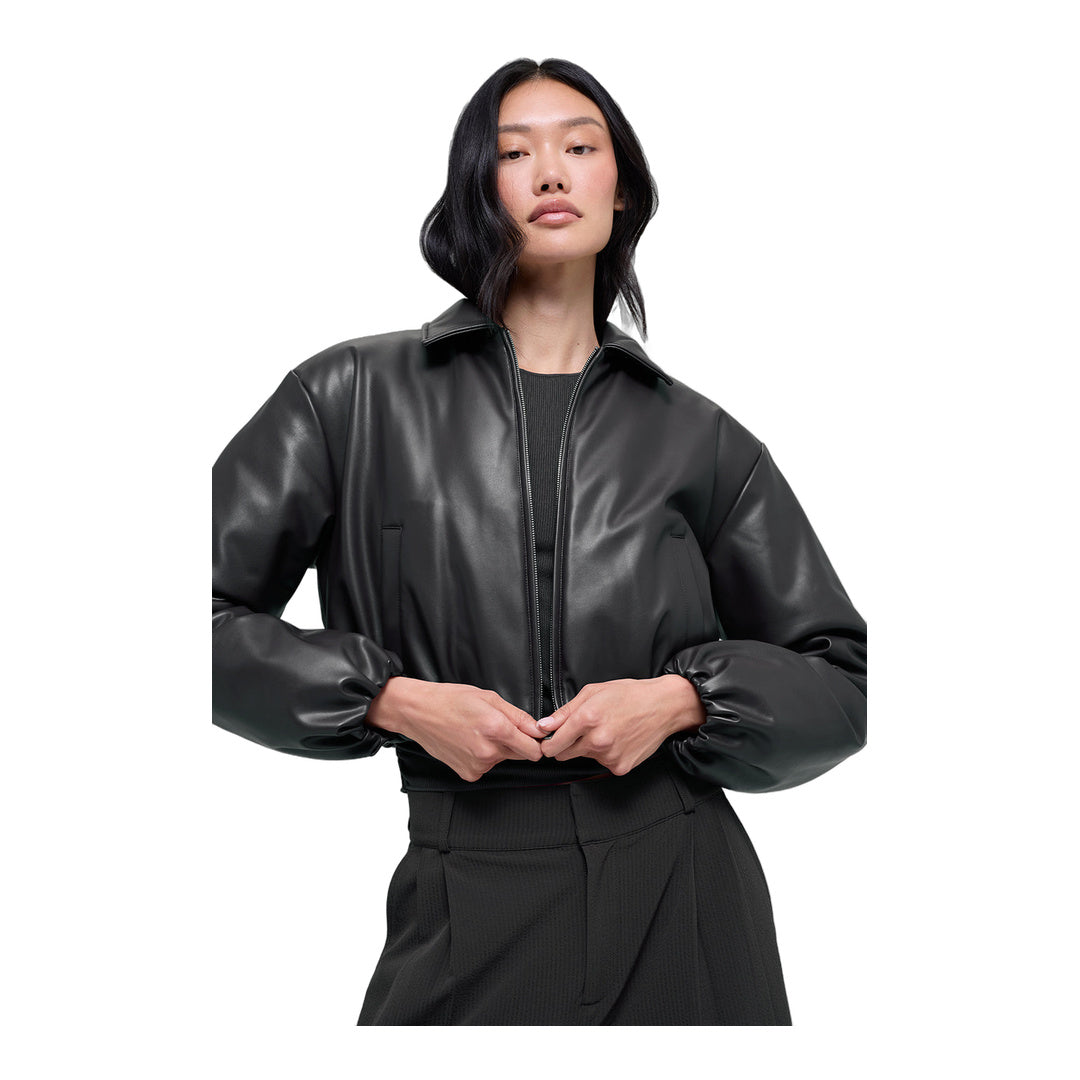 alo Faux Leather Cropped Premier Bomber - Black by Alo Yoga