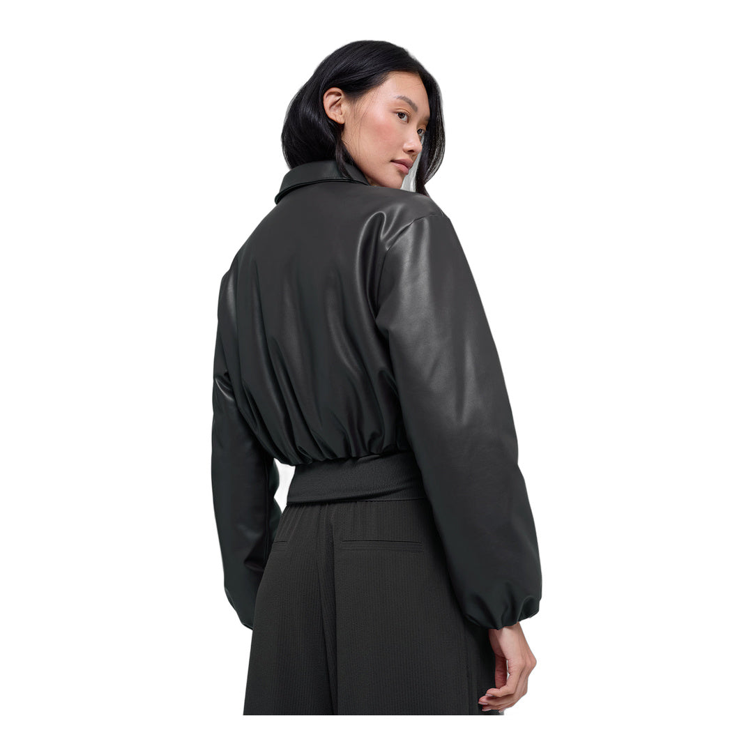 alo Faux Leather Cropped Premier Bomber - Black by Alo Yoga