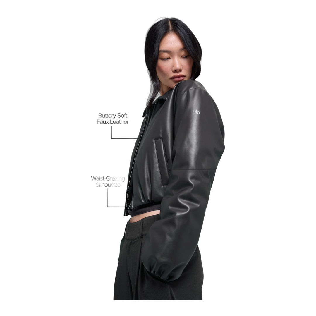 alo Faux Leather Cropped Premier Bomber - Black by Alo Yoga
