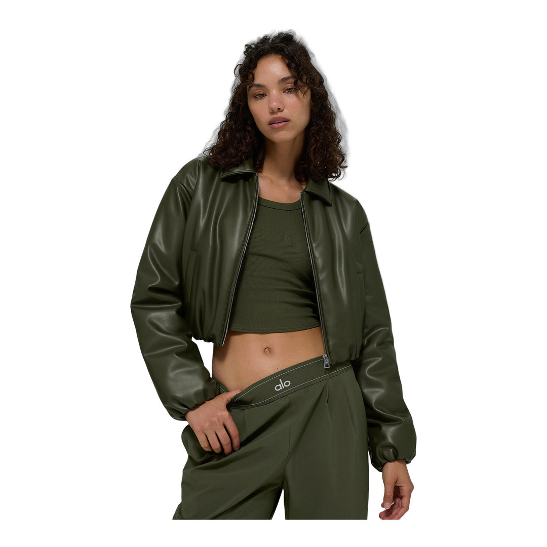alo Faux Leather Cropped Premier Bomber - Green Olive by Alo Yoga