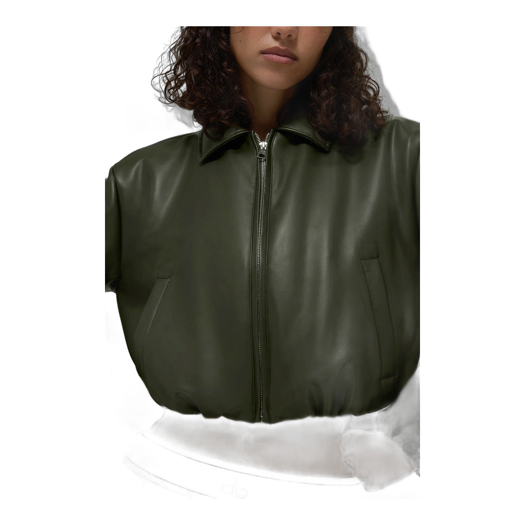 alo Faux Leather Cropped Premier Bomber - Green Olive by Alo Yoga
