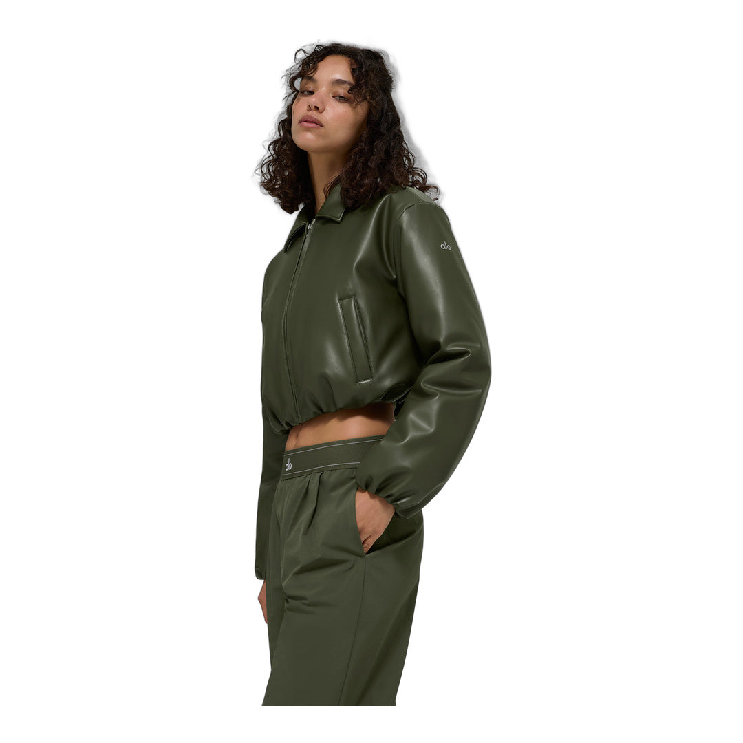 alo Faux Leather Cropped Premier Bomber - Green Olive by Alo Yoga