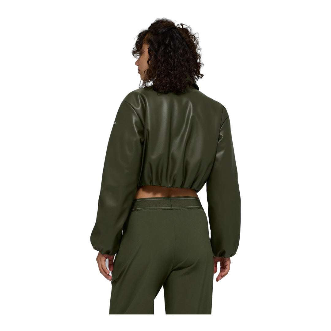 alo Faux Leather Cropped Premier Bomber - Green Olive by Alo Yoga