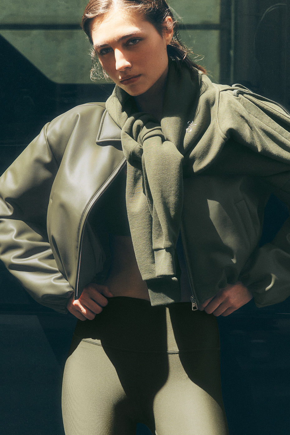 Faux Leather Cropped Premier Bomber - Green Olive (W4618R)