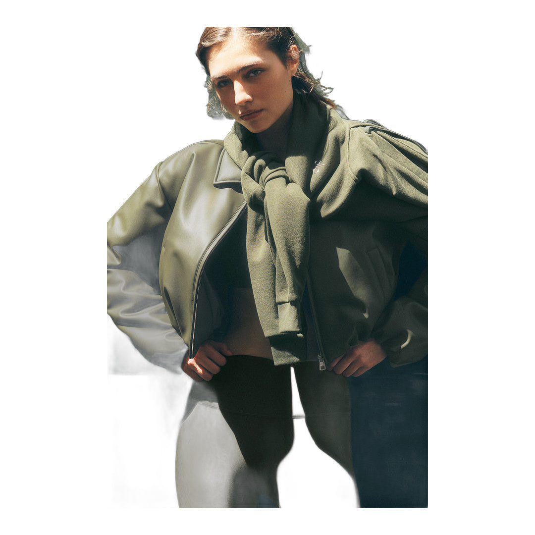 alo Faux Leather Cropped Premier Bomber - Green Olive by Alo Yoga