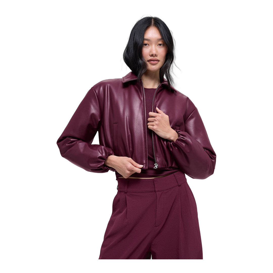 alo Faux Leather Cropped Premier Bomber - Burgundy by Alo Yoga