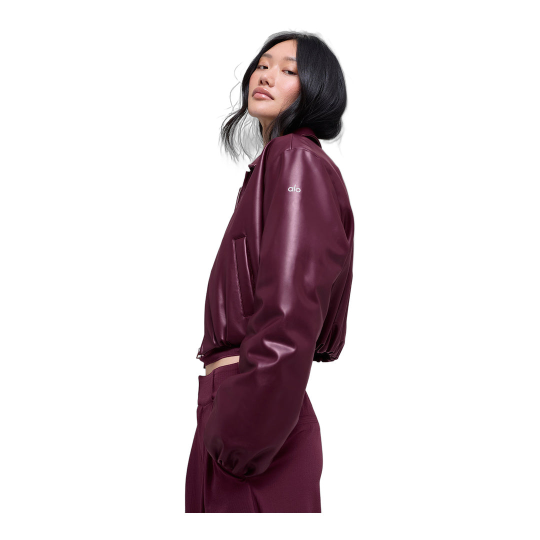 alo Faux Leather Cropped Premier Bomber - Burgundy by Alo Yoga