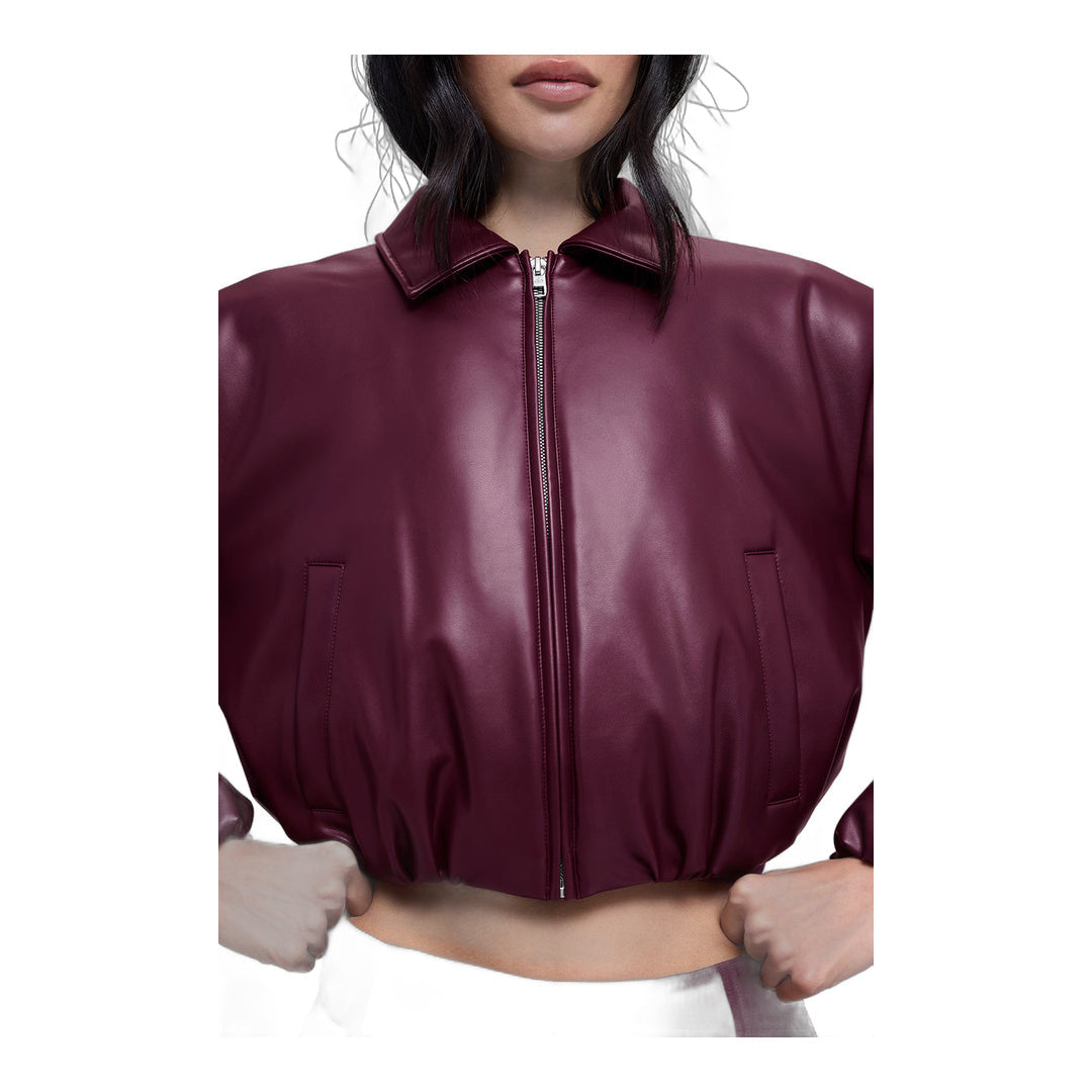 alo Faux Leather Cropped Premier Bomber - Burgundy by Alo Yoga